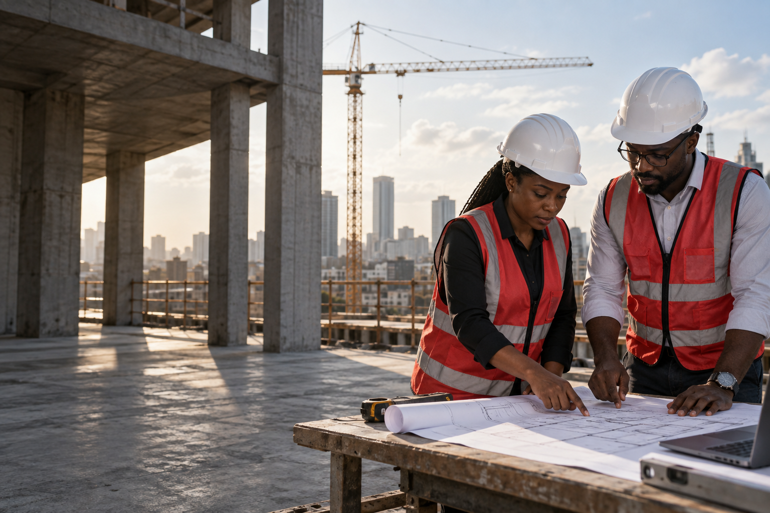Illustration of construction professionals studying building plans